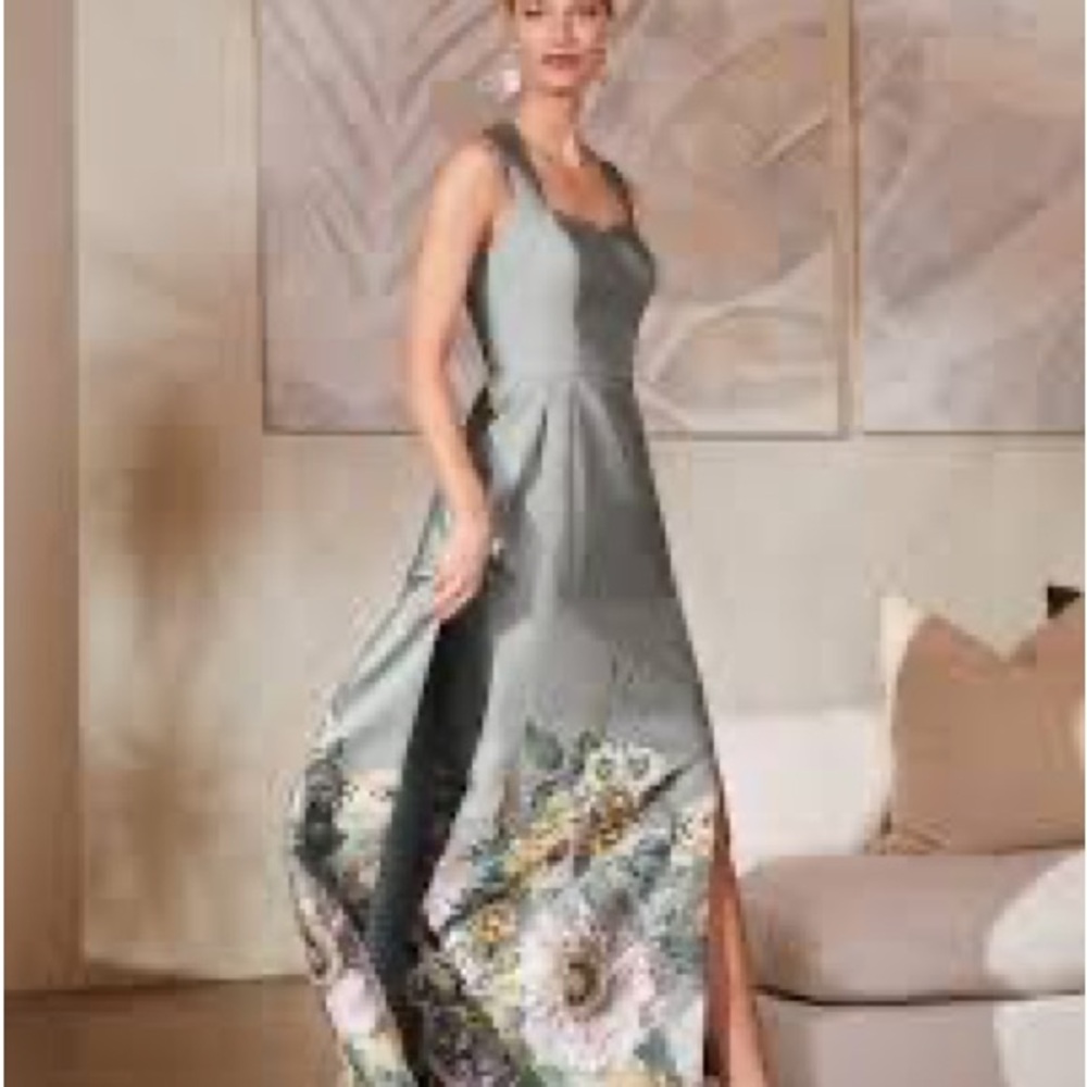 Kay Unger Metallic Maxi Dress with Floral Design